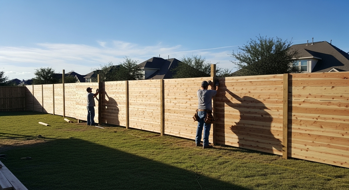 Cedar privacy fence installation with modern horizontal design - backyard privacy