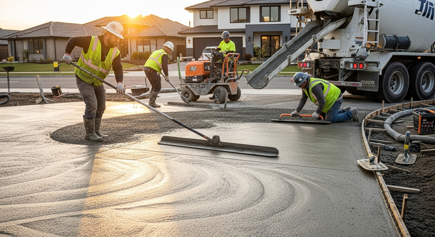 New concrete driveway installation with proper drainage and expansion joints