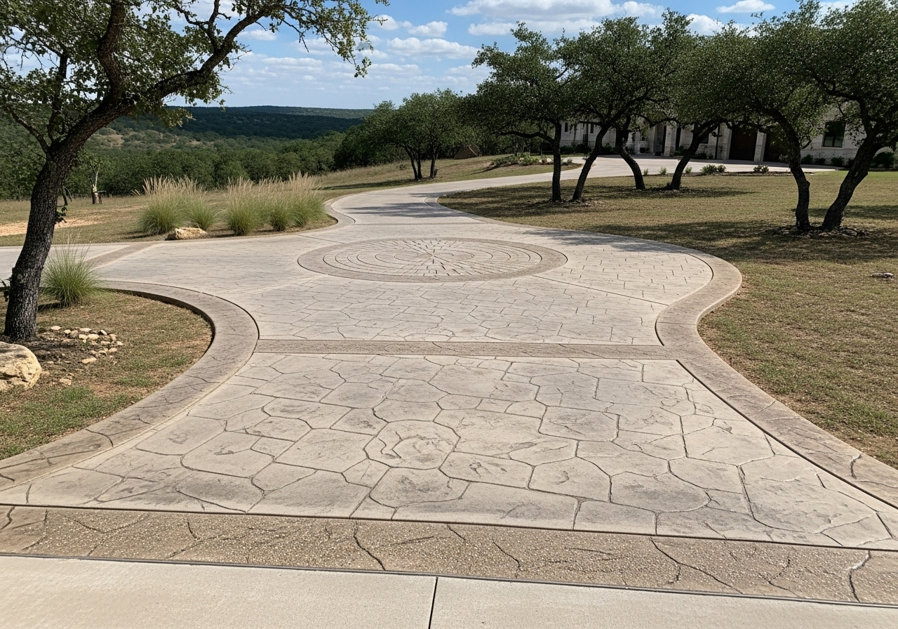 Decorative stamped concrete driveway - Hill Country estates