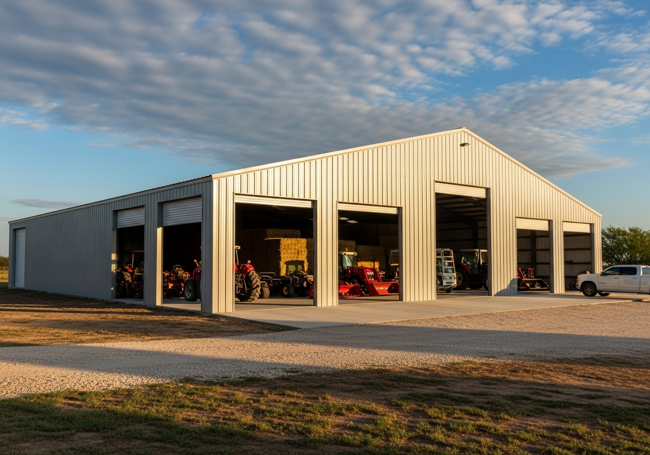 Metal barn for equipment and hay storage
