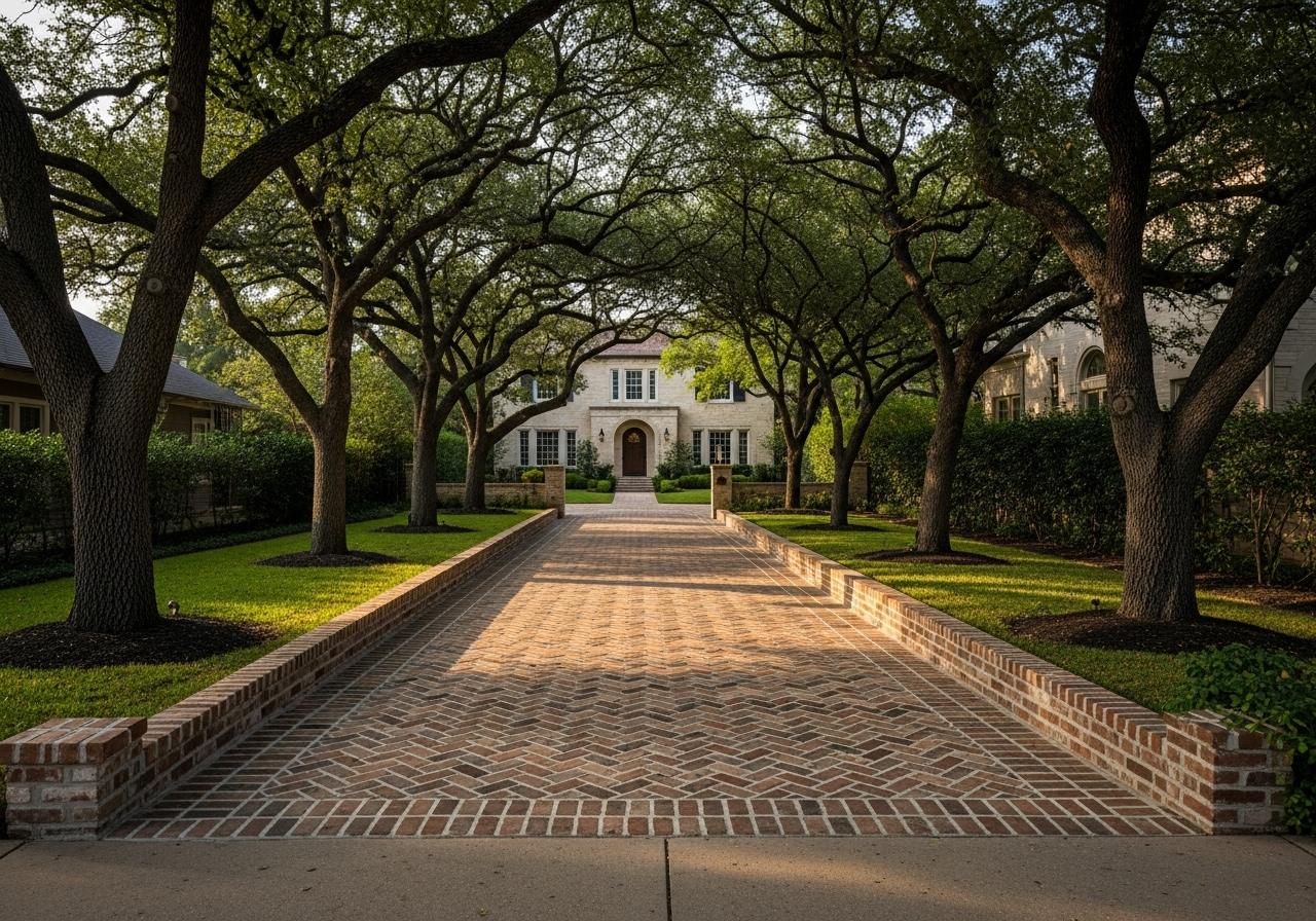 Historic period driveway with brick borders - Alamo Heights style