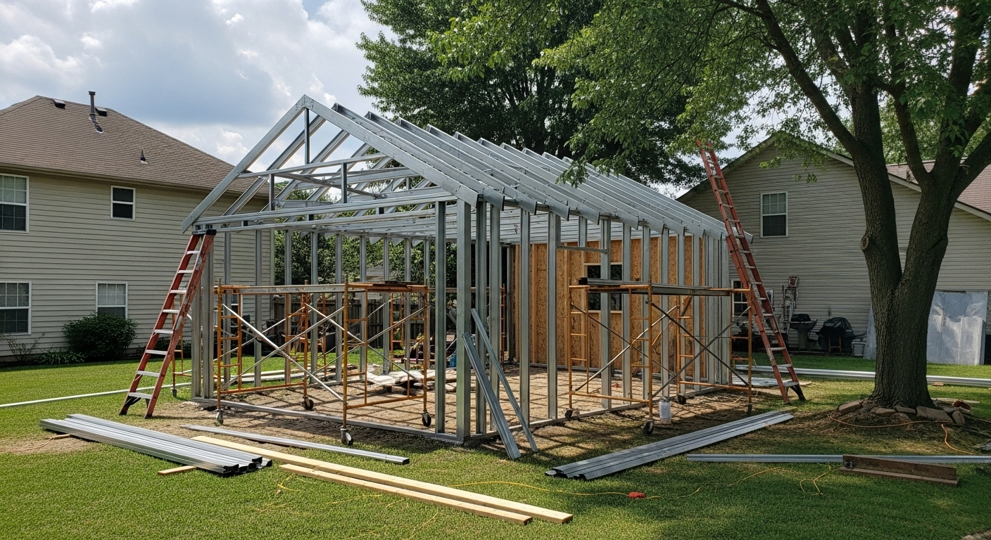 Custom metal workshop building with windows and workspace - home studio