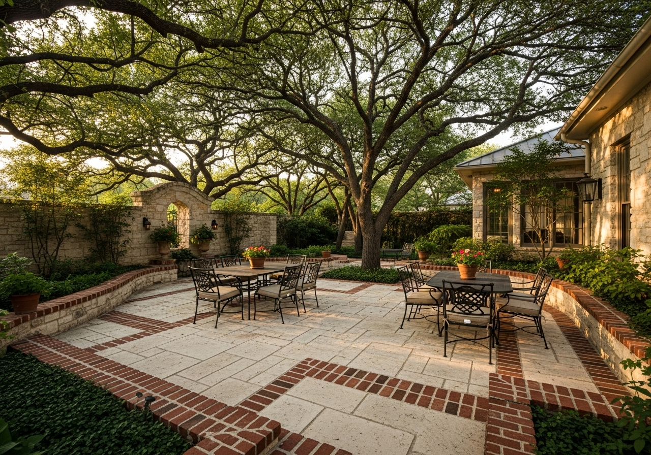 Limestone garden patio with brick accents - historic Texas style