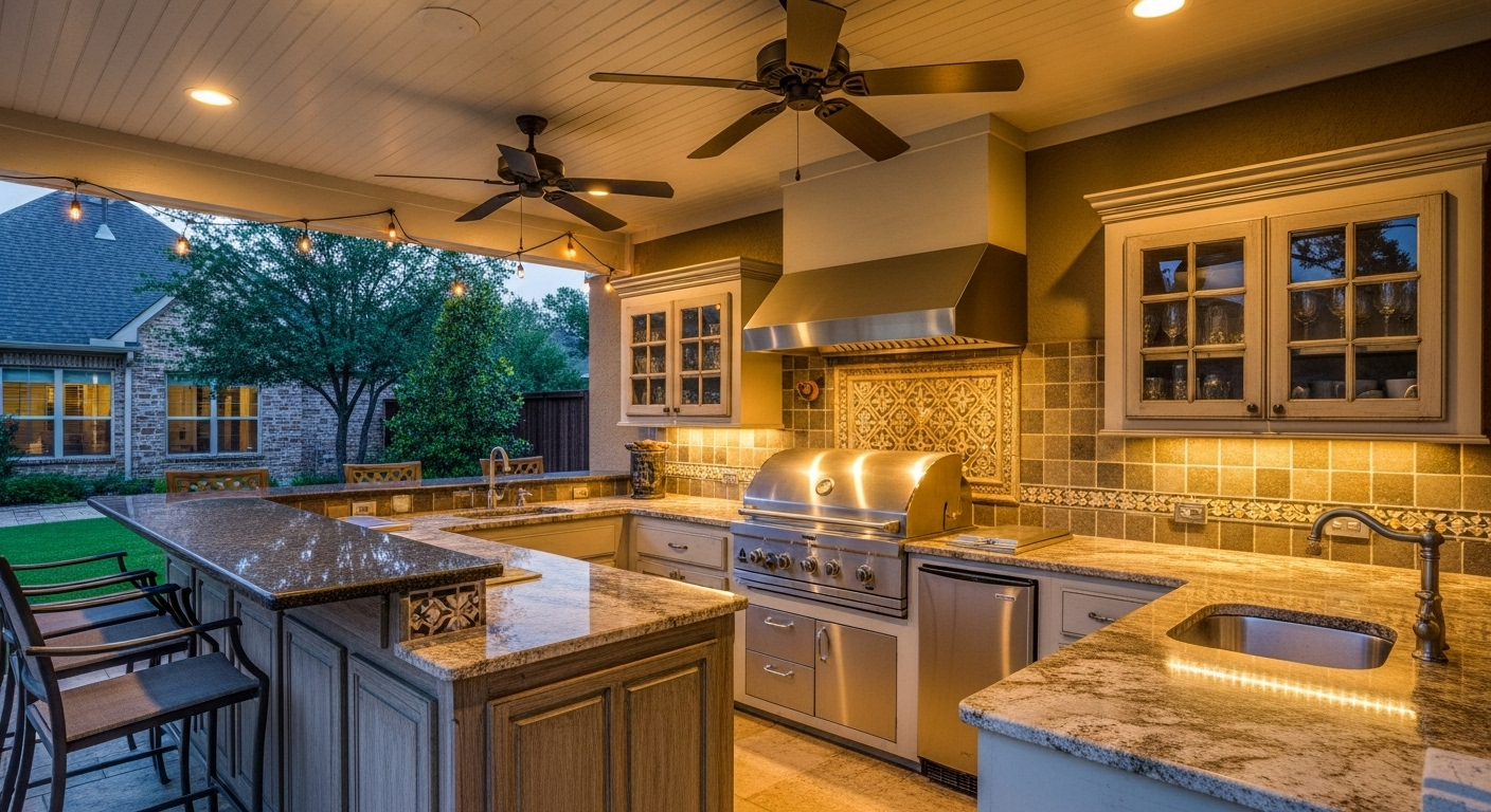 Outdoor kitchen construction with built-in grill and stone countertops - backyard entertaining