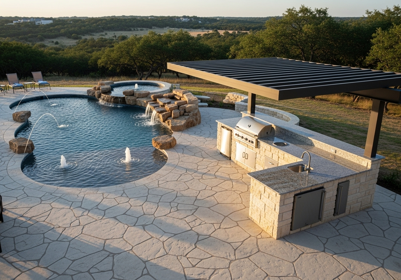 Luxury pool deck with flagstone pattern