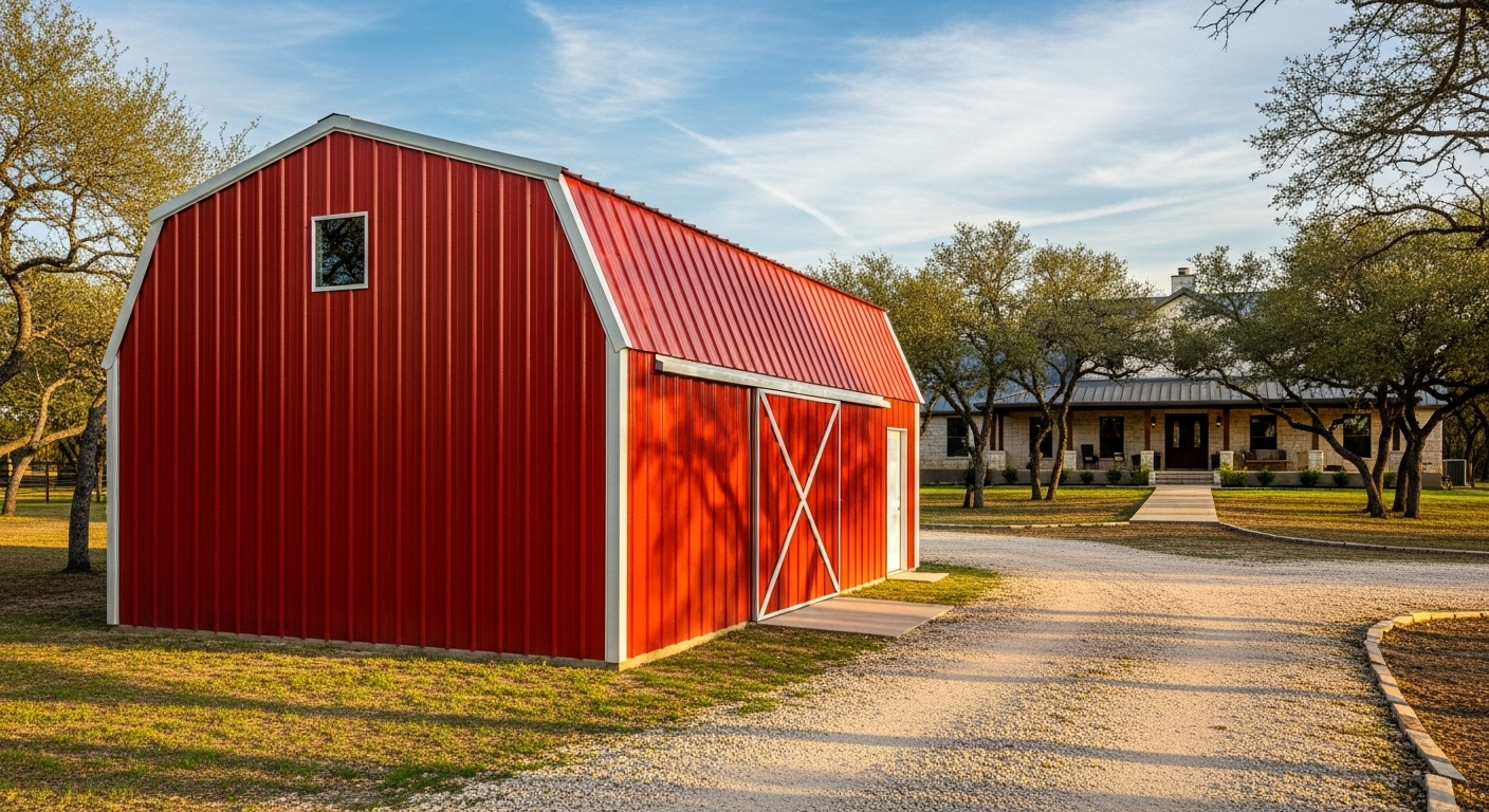 Red metal garage and carport building - vehicle storage San Antonio