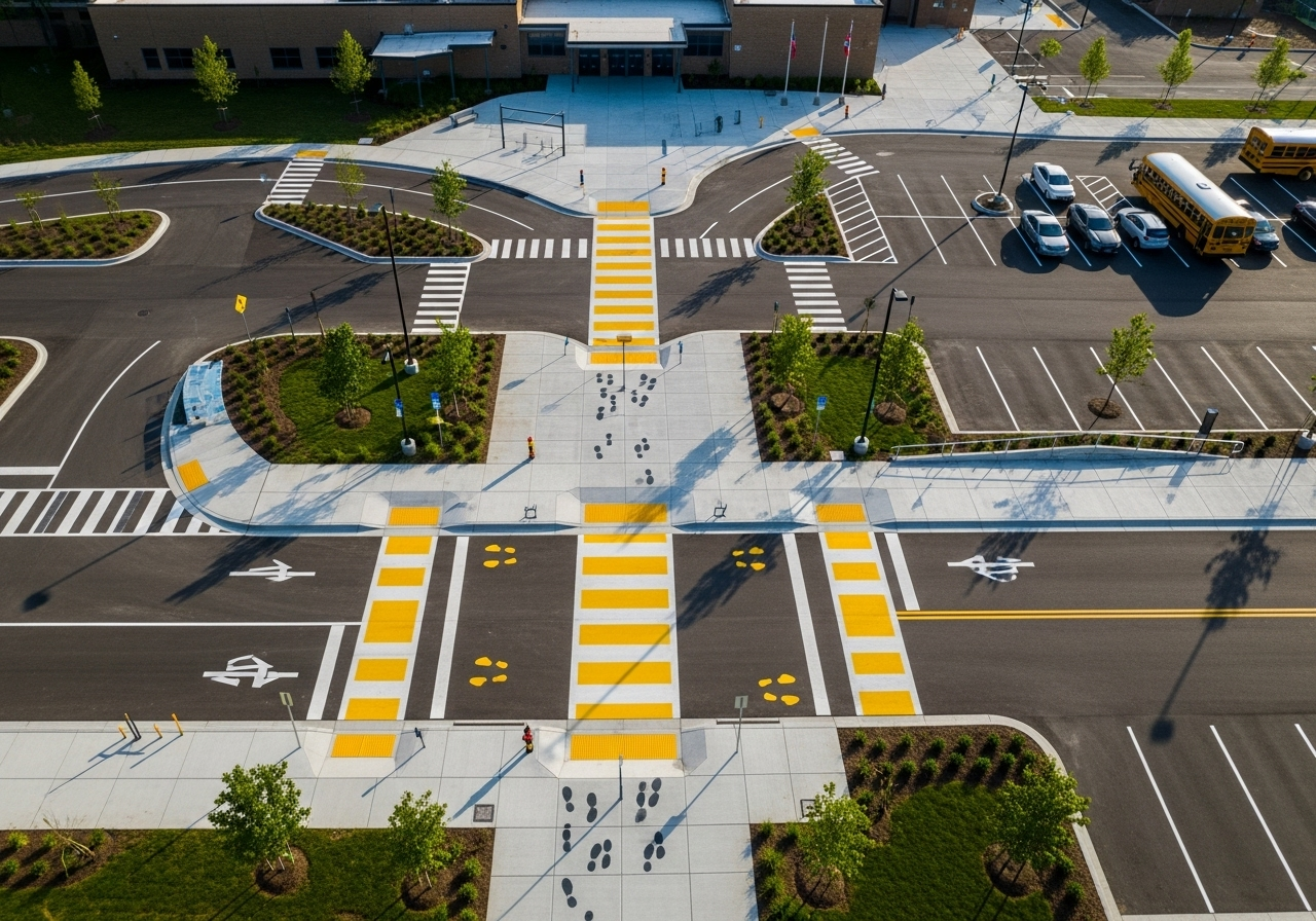 School parking lot and sidewalks